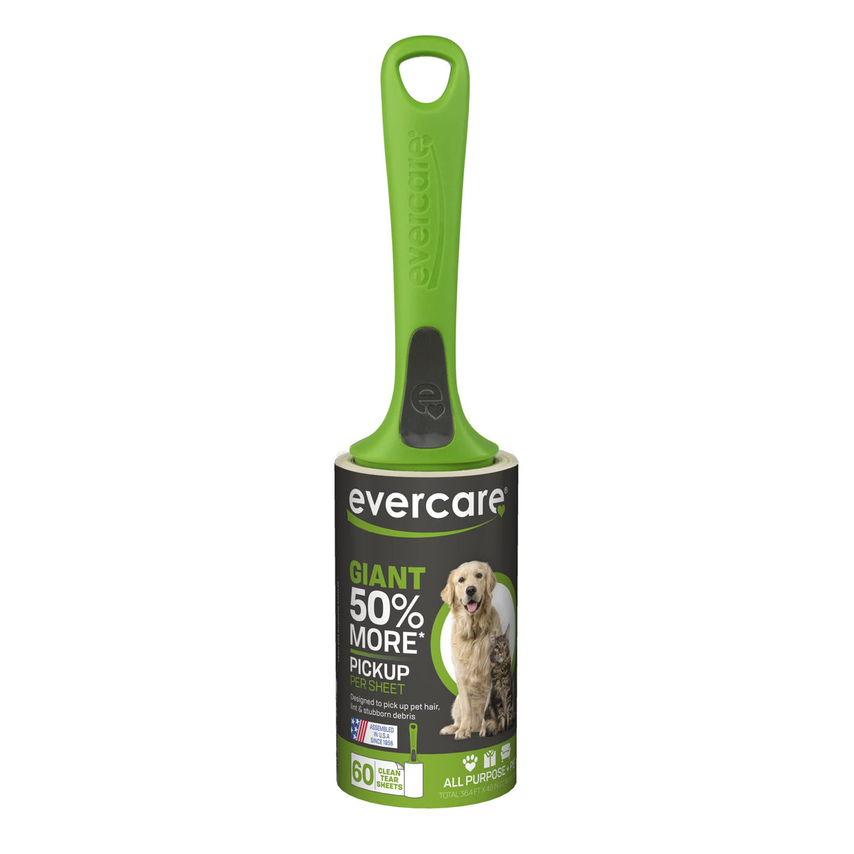 Evercare Lint Roller Pet Hair Remover Giant 60 Layers Per Roll, Green