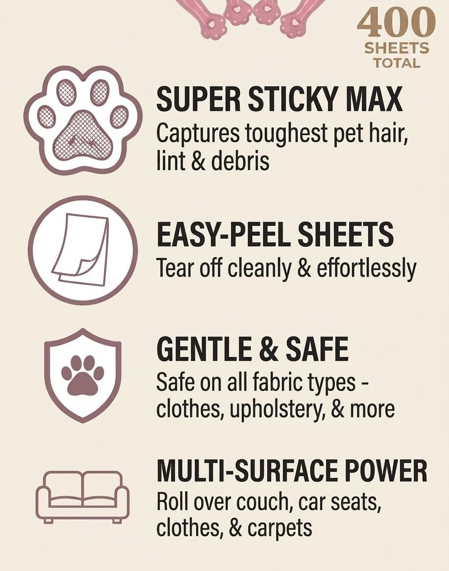 400 Sheets Extra Sticky Lint Rollers with 4 Paw Handles for Pet Hair, Easy Spiral Tear Lint Roller for Clothes, Multipurpose Lint Remover
