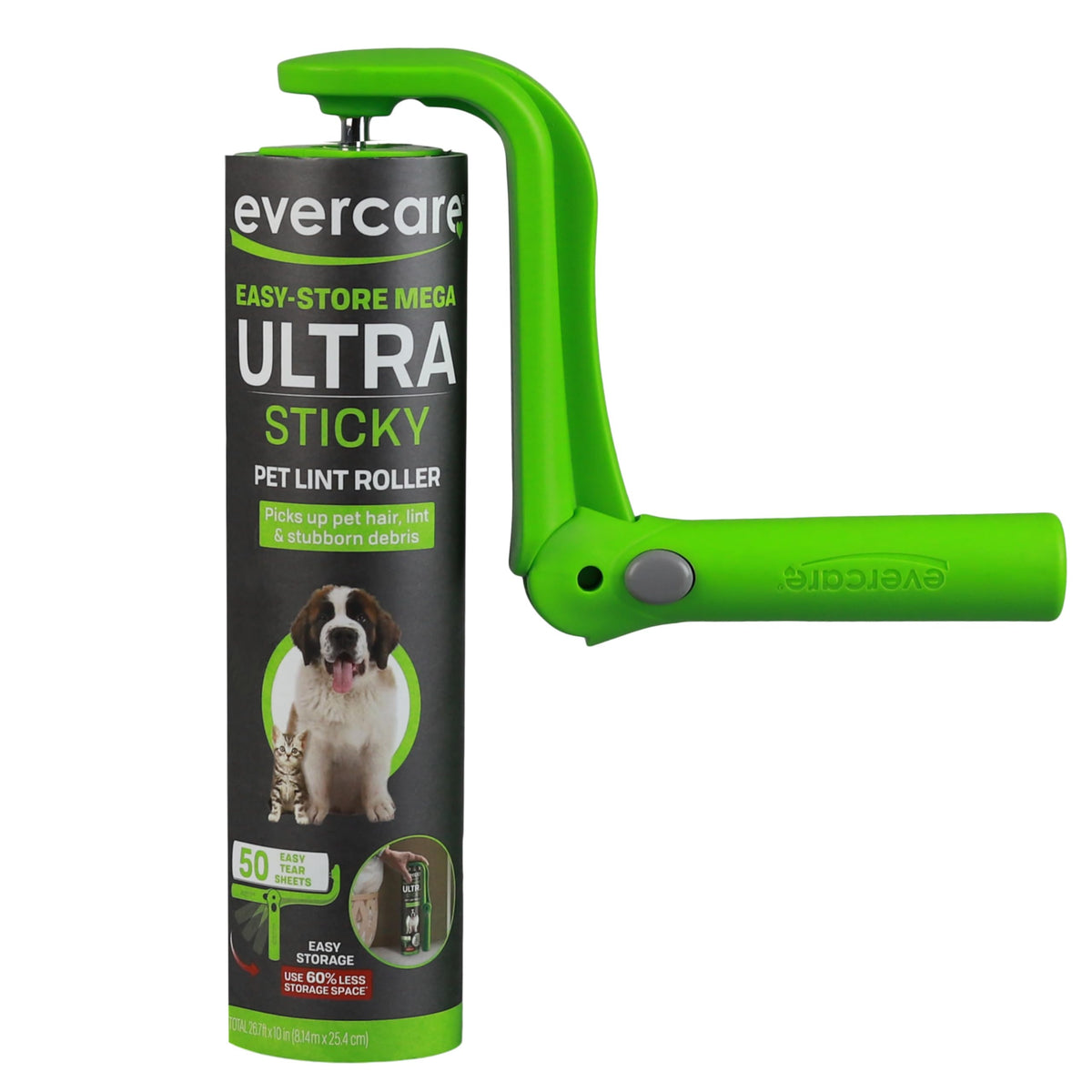 Evercare Ultra Sticky Pet Mega Lint Roller Value Pack, Manual Clothes & Furniture Cleaner with Handle and 2 Refills, 50 Sheets Each