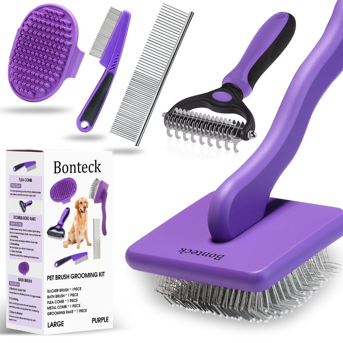 Bonteck Dog Slicker Brush for Dogs Grooming Kit 5PCS Long Haired Doodles