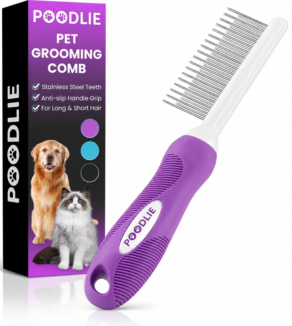 Poodle Dematting Fur Rake Comb Brush for Dogs and Cats - Long 2.5" Steel Safety Blades Metal Comb for Detangling Matted or Knotted Undercoat Hair