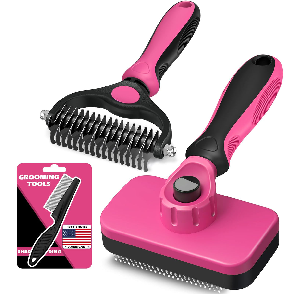Professional 3PCS Self Cleaning Slicker Brush & Pet Grooming Rake & Flea Comb for Dogs,Cats and Horses | Double-Sided Dematting Comb & Skin Friendly Deshedding Grooming Tool | Pet Supplies (Blue)