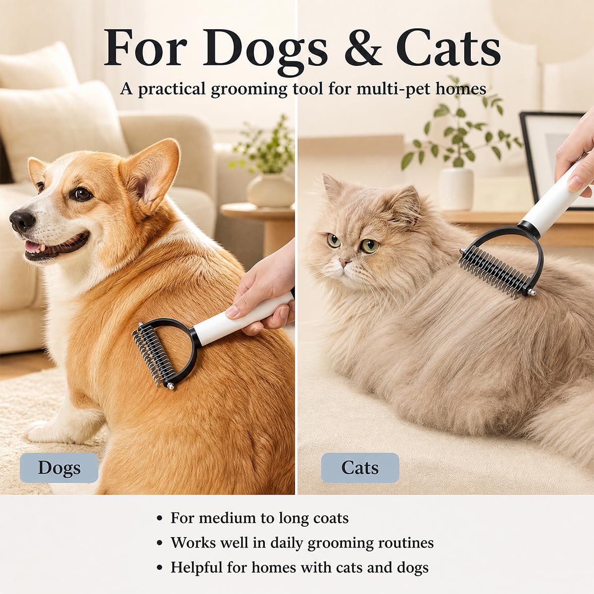 Pet Pro Dematting Comb for Dogs & Cats, Undercoat Rake Deshedding Brush for Long Hair Pets, Removes Loose Fur and Tangles