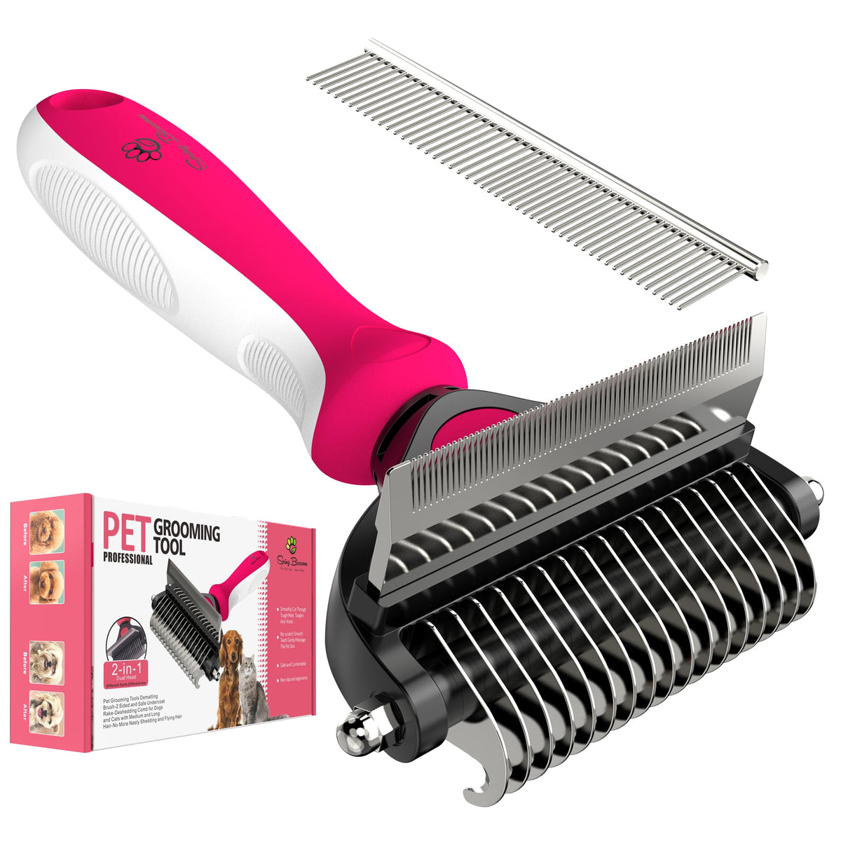 Spring Blossoms-2 in 1 Professional Grooming Rake for Cats & Dogs-Dematting Comb for Easy Mats & Tangles Removing,Pet Brush Safe No More Nasty Shedding and Flying Hair (Orange)