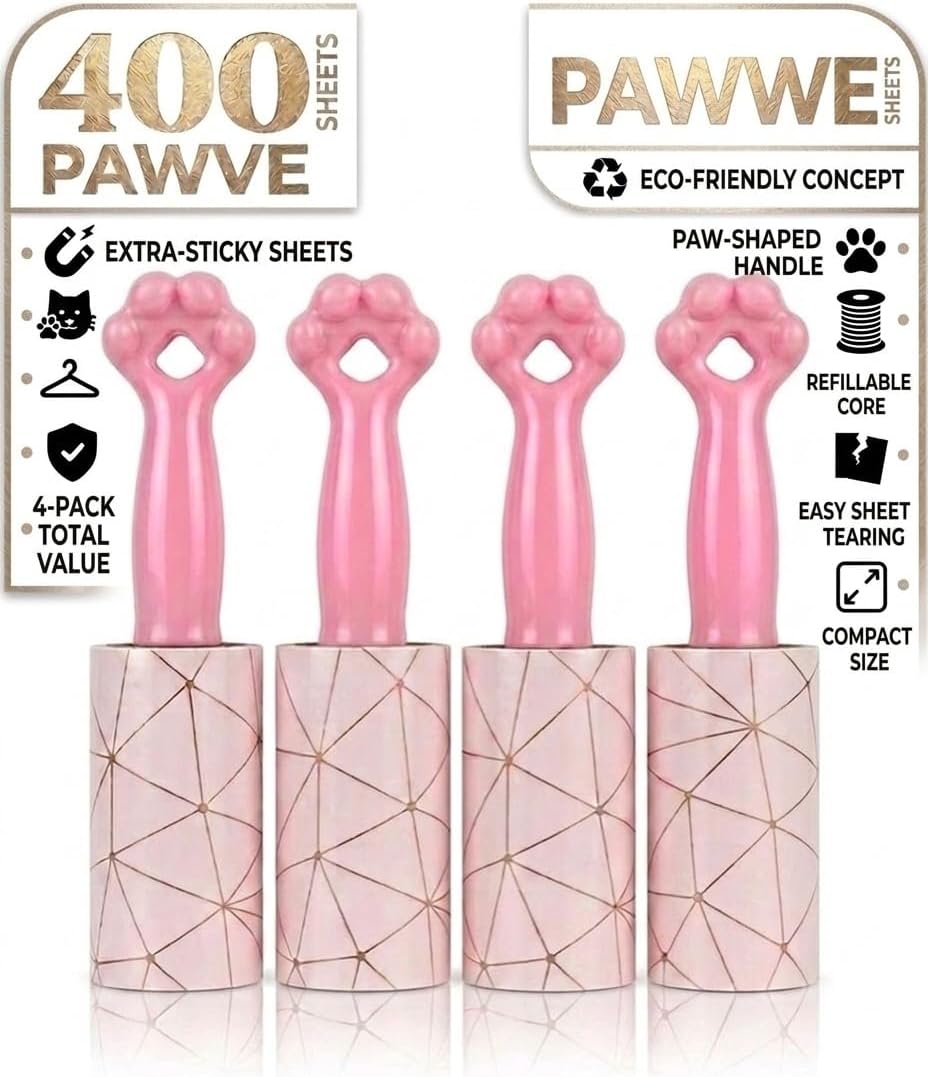 400 Sheets Extra Sticky Lint Rollers with 4 Paw Handles for Pet Hair, Easy Spiral Tear Lint Roller for Clothes, Multipurpose Lint Remover