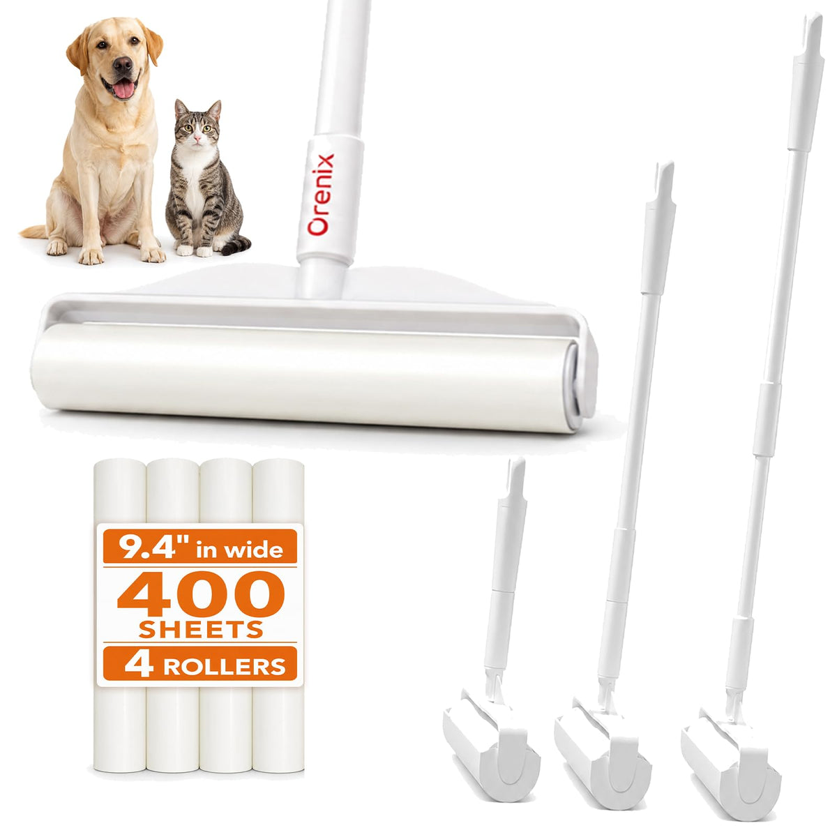Large Lint Roller for Pet Hair, Long Handle, 6 Rolls, 600 Sheets