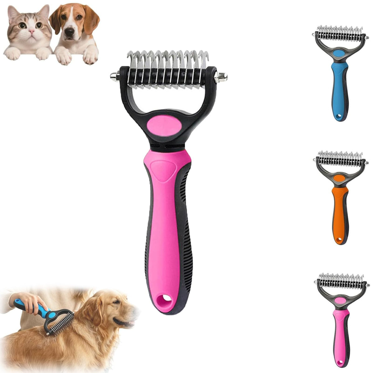Pet Pro Grooming Tool, 2-in-1 Deshedding Dog Brush with 9/21 Teeth Undercoat Rake for Dogs & Cats, Dual-Sided Stainless Steel Pet Comb for Long Hair & Thick Coats
