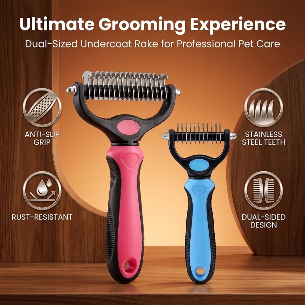 Dematting Comb for Dogs and Cats, Undercoat Rake Pet Brush for Long Hair, Deshedding Dog Brush Removes Tangles Knots and Loose Fur, Grooming Tool for Thick Coats (Blue L)