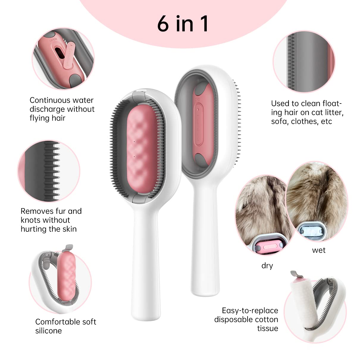 Petgravity Hair Brush, Self Cleaning Slicker Brushes for Dogs Cats, Gently Removes Loose Undercoat Mats Tangled Hair Brush with Water Tank for Pet Massage, LongHaired Pink