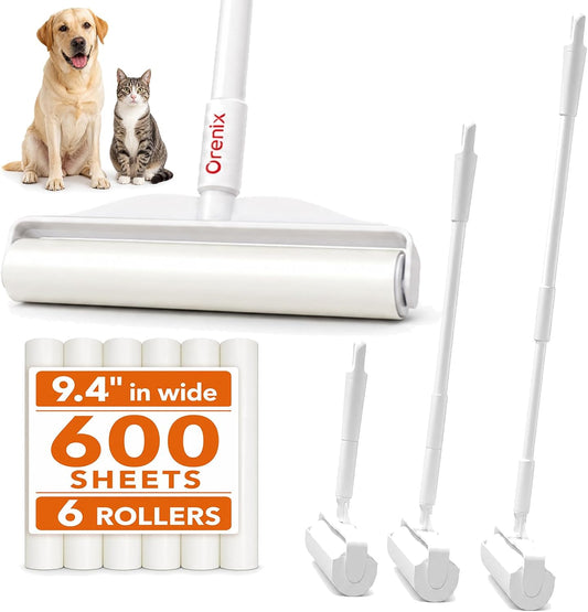 Large Lint Roller for Pet Hair, Long Handle, 6 Rolls, 600 Sheets