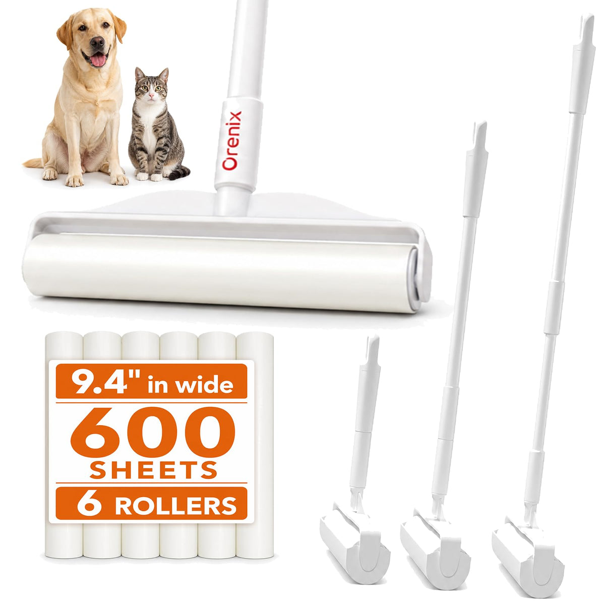 Large Lint Roller for Pet Hair, Long Handle, 6 Rolls, 600 Sheets