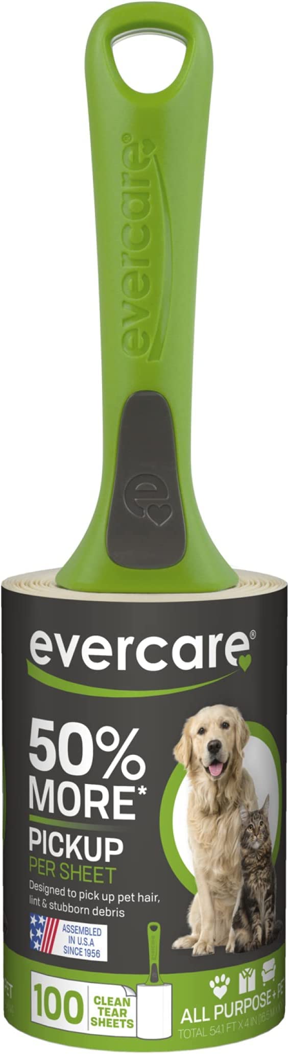 Evercare Pet Hair Lint Rollers All Purpose Use 100 Easy-Tear Sheets Per Roll Reusable Sticky Roller Pets Cat & Dog Hair Remover Contoured Handle For Furniture Clothing & Cars, Set of 3, Green