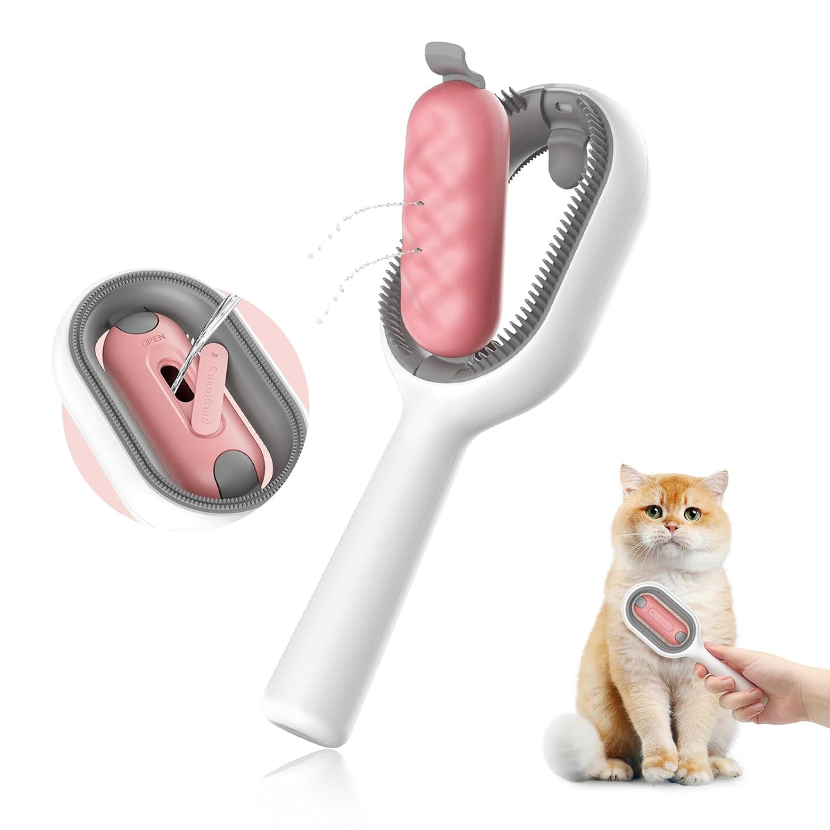 Petgravity Hair Brush, Self Cleaning Slicker Brushes for Dogs Cats, Gently Removes Loose Undercoat Mats Tangled Hair Brush with Water Tank for Pet Massage, LongHaired Pink