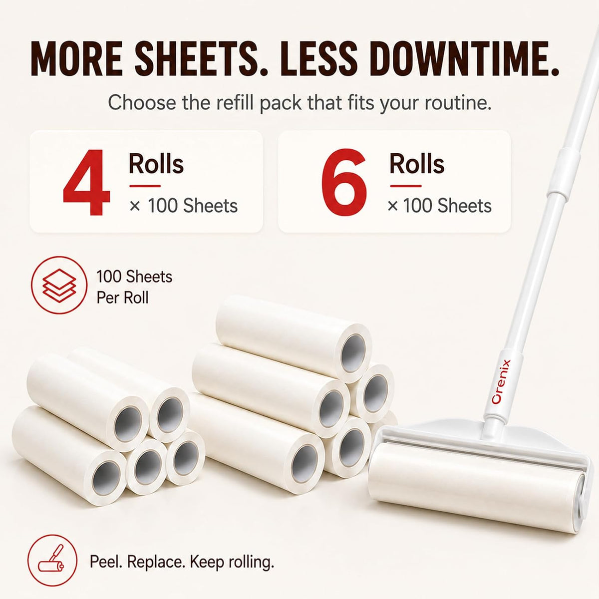Large Lint Roller for Pet Hair, Long Handle, 6 Rolls, 600 Sheets