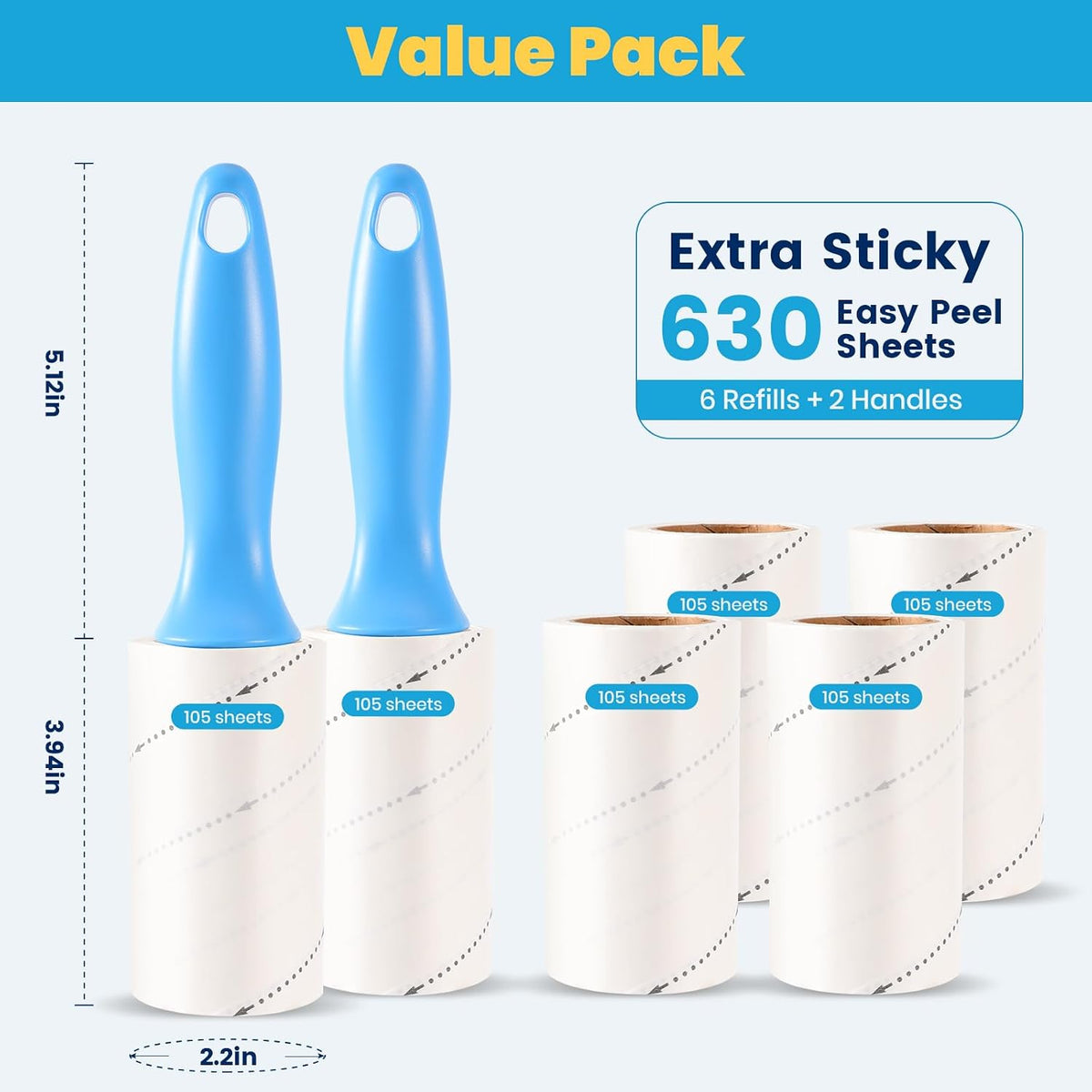 630 Sheets Extra Sticky Lint Roller for Pet Hair, 2 Handles
