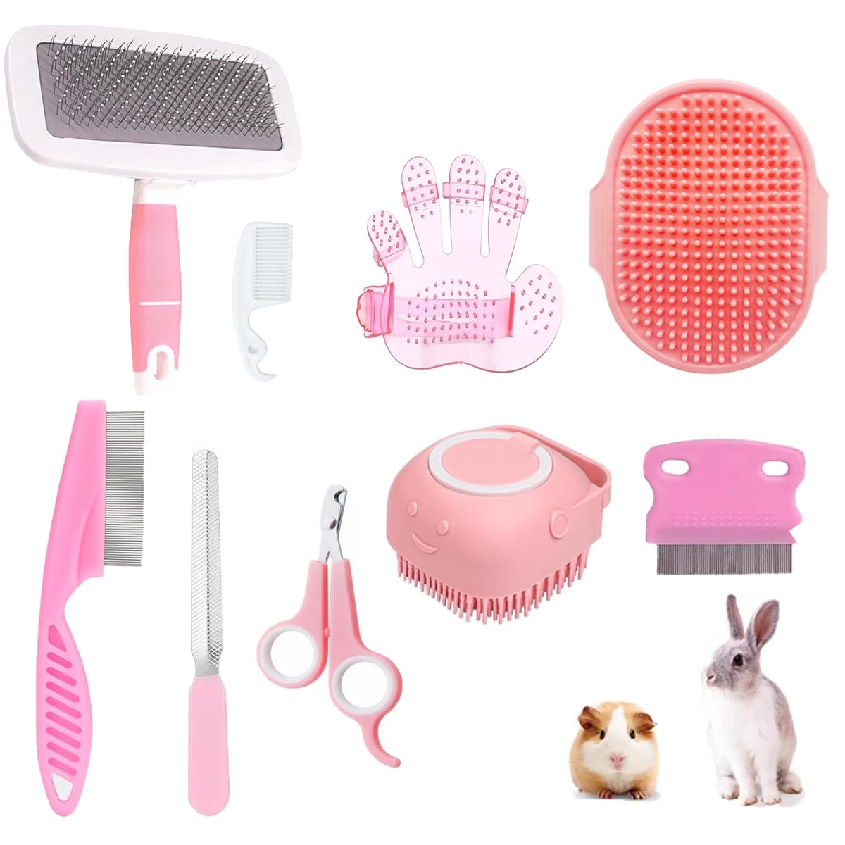 9PCS Small Animal Grooming Kit, Cleaning Brush Removes Loose Hair, Pet Bath Brush,Shampoo Brush, Nail Clipper, Flea Comb For Rabbit, Puppy, Kitten, Guinea Pig (9PCS-Pink)