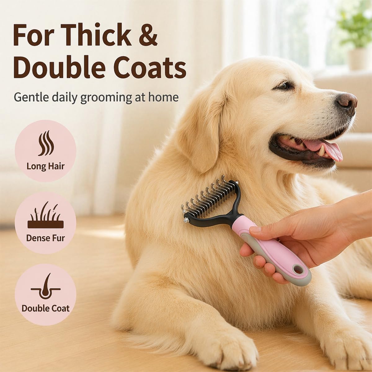 Pet Pro Grooming Tool, 2-In-1 Double-Sided Grooming Tool, Sided Deshedding Dematting Tool, Undercoat Rake for Dogs & Cats, Extra-Wide Dog Grooming Brush & Deshedder Comb for Long Hair(Blue + Pink)