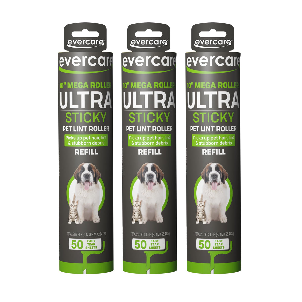 Evercare Ultra Sticky Pet Mega Lint Roller Value Pack, Manual Clothes & Furniture Cleaner with Handle and 2 Refills, 50 Sheets Each