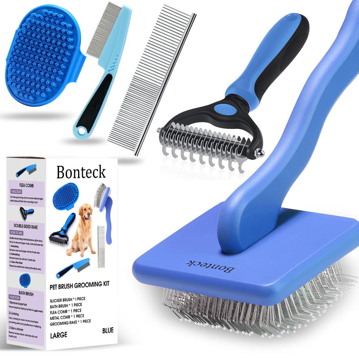 Bonteck Dog Slicker Brush for Dogs Grooming Kit 5PCS Long Haired Doodles