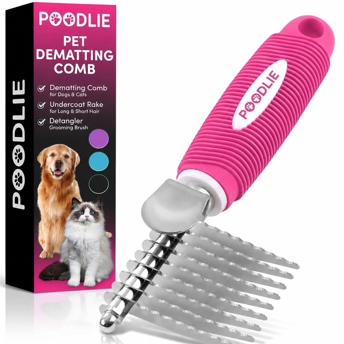 Poodle Grooming Comb - Metal Dematting Comb with Long & Short Stainless Steel Teeth for Removing Matted Hair & Knots, Safe and Gentle for Dogs & Cats (Green)