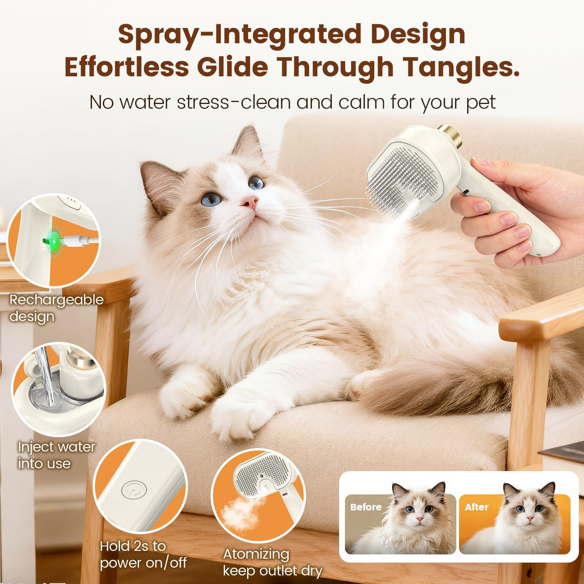 Glendan Pet Steam Brush for Dogs & Cats, 3-in-1 Self Cleaning Shedding