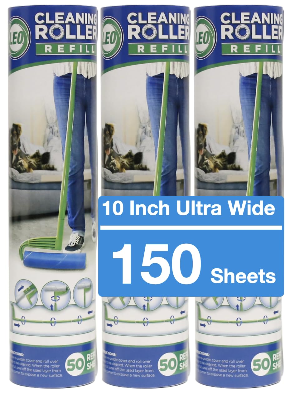 Leo 10-Inch Wide Lint Roller with Extendable Handle, Includes 1 Refill (25 Sheets), Extra Sticky for Pet Hair, Carpet & Floor Cleaning (1 Mega Roller)