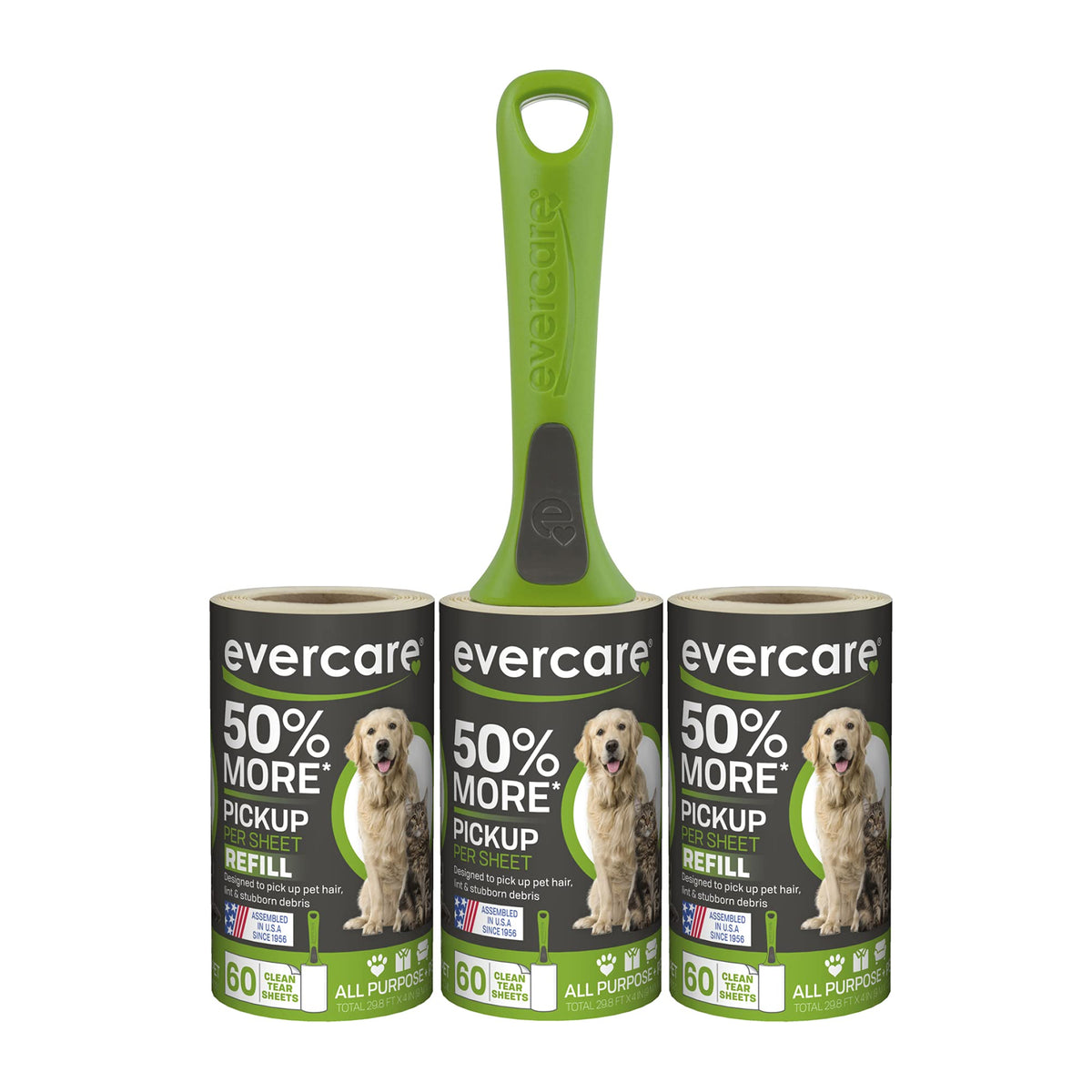 Evercare All Purpose Pet Hair Lint Roller with 2 Refills, 180 Total Sheets – Reusable Sticky Roller for Pet Hair, Cat & Dog Hair Remover, Lint Remover, Pet Hair Remover for Furniture, Clothing & Cars