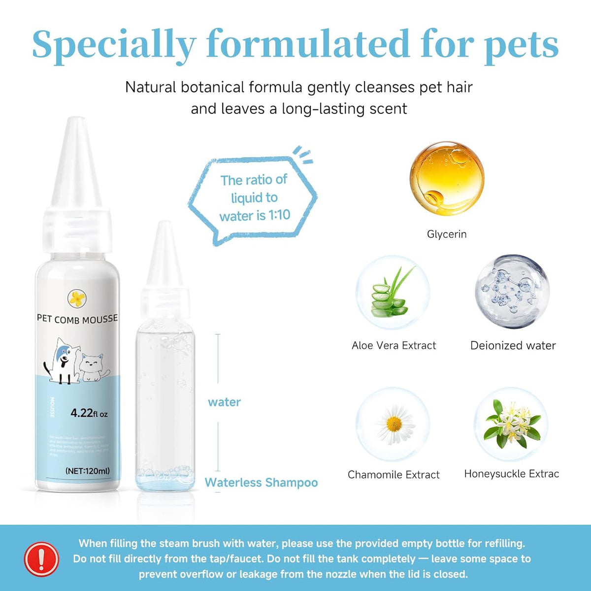 Pet Steam Brush for Dog, cat brushes for indoor cats - 1 Waterless Shampoo