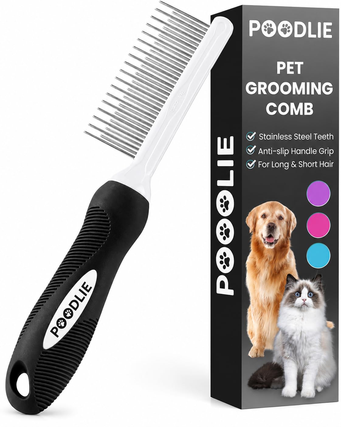 Poodle Dematting Fur Rake Comb Brush for Dogs and Cats - Long 2.5" Steel Safety Blades Metal Comb for Detangling Matted or Knotted Undercoat Hair