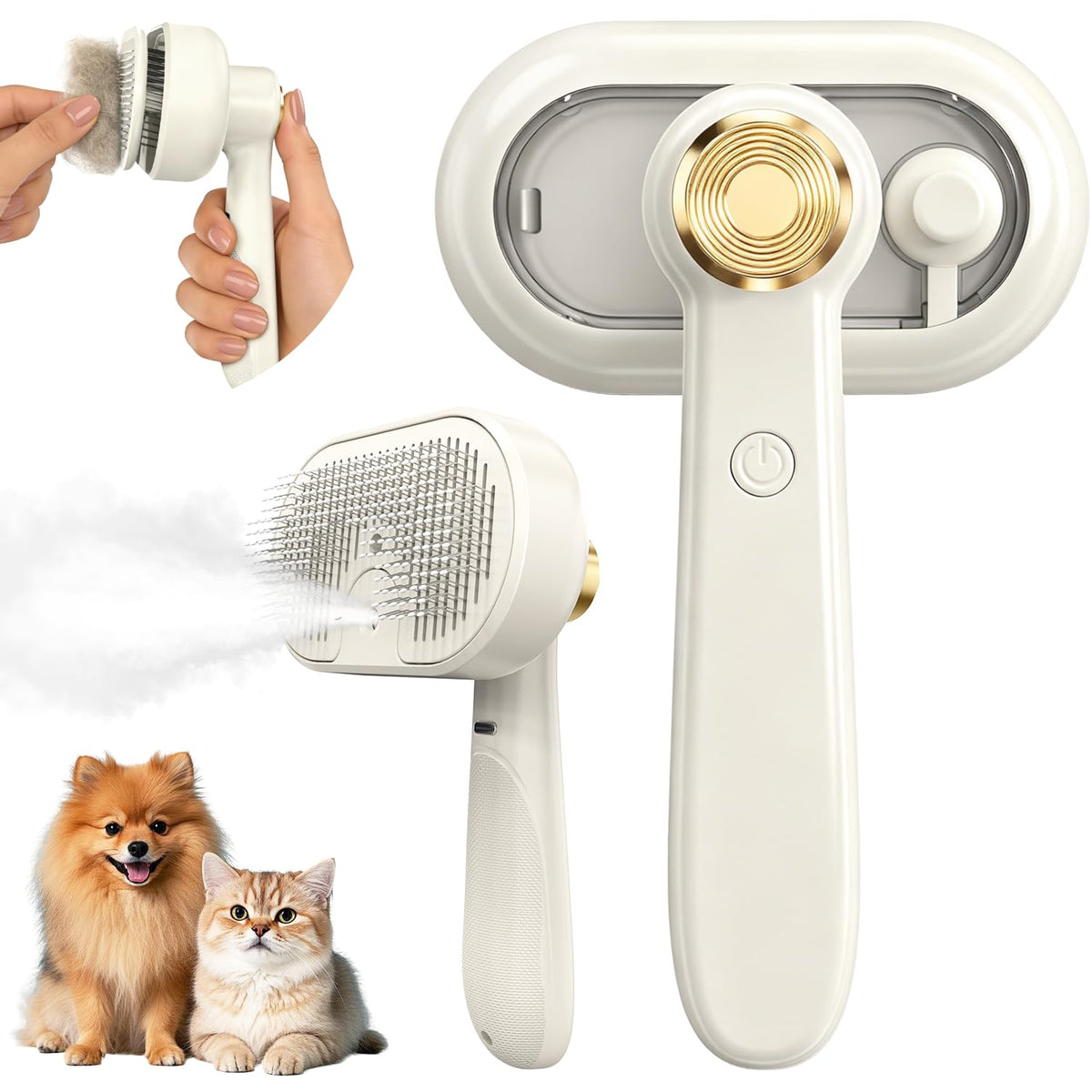 Glendan Pet Steam Brush for Dogs & Cats, 3-in-1 Self Cleaning Shedding