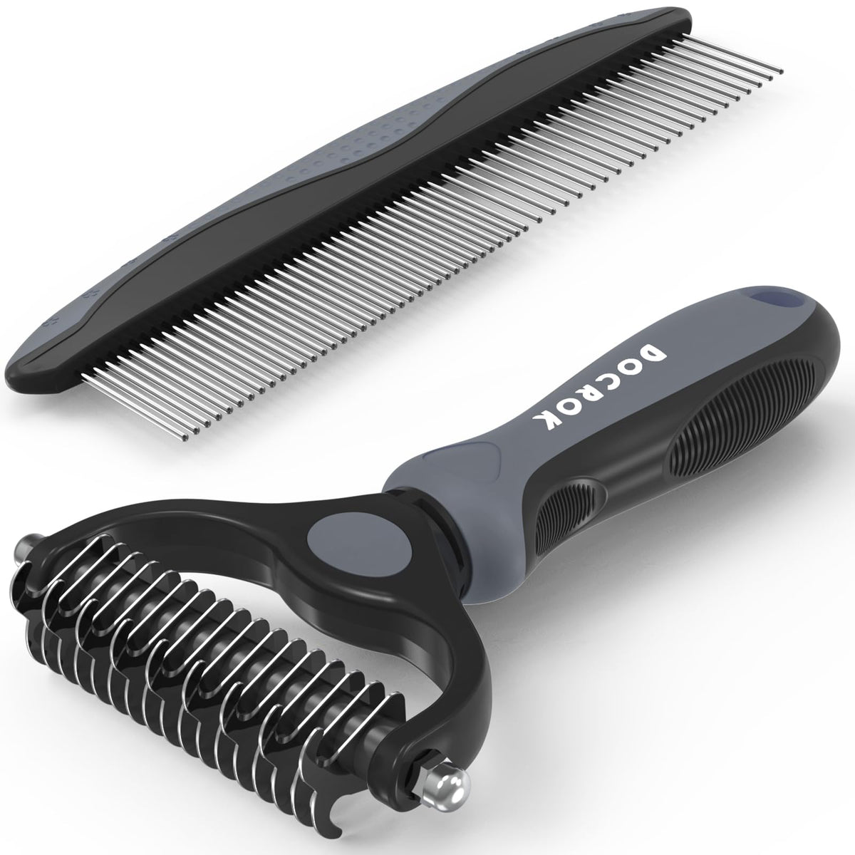 Docrok Pet Grooming Combo - Blue Deshedding Brush with Metal Comb for Detangling and Dematting Long, Matted Fur on Cats and Dogs