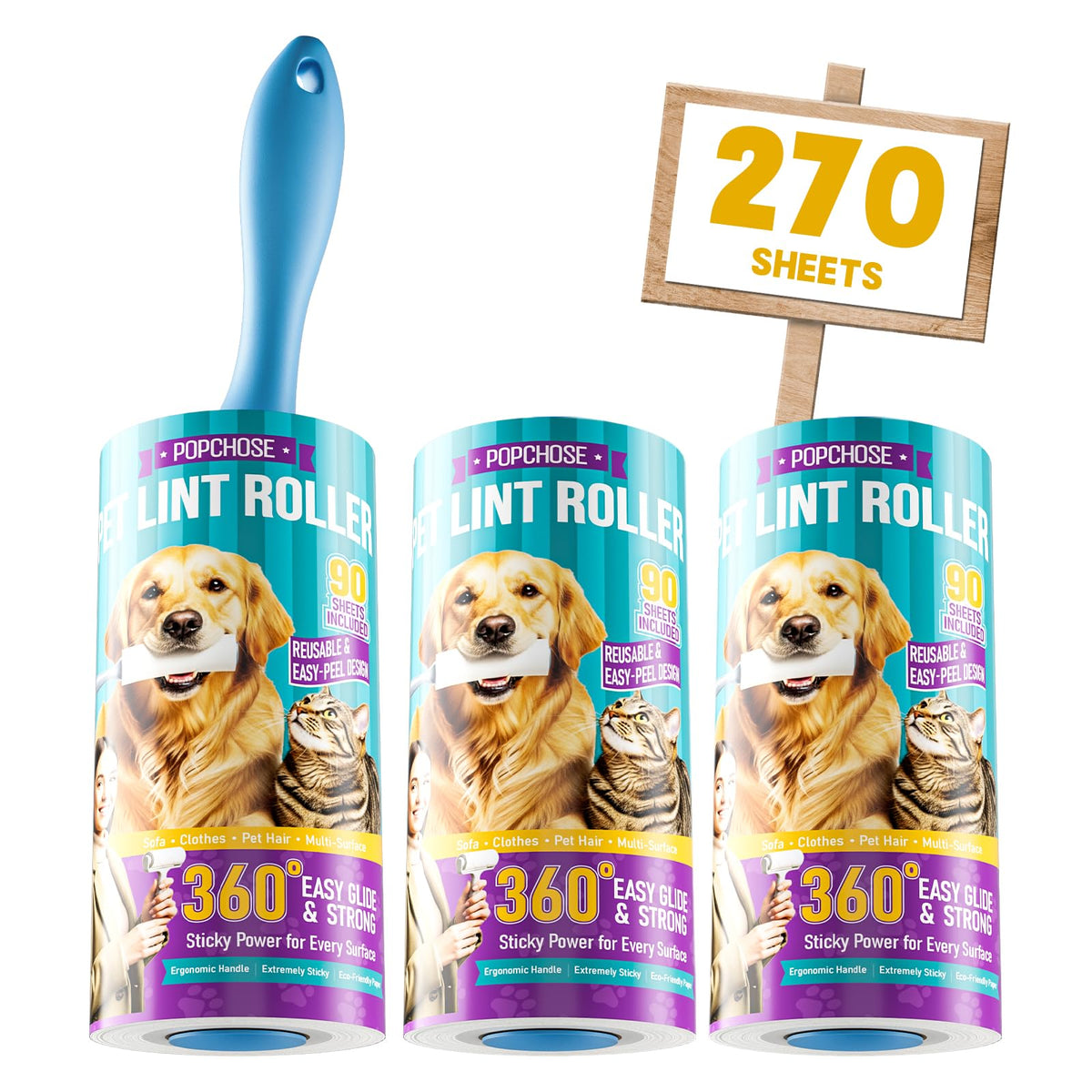 POPCHOSE Lint Roller for Pet Hair Extra Sticky, 540 Sheets with 2 Handles