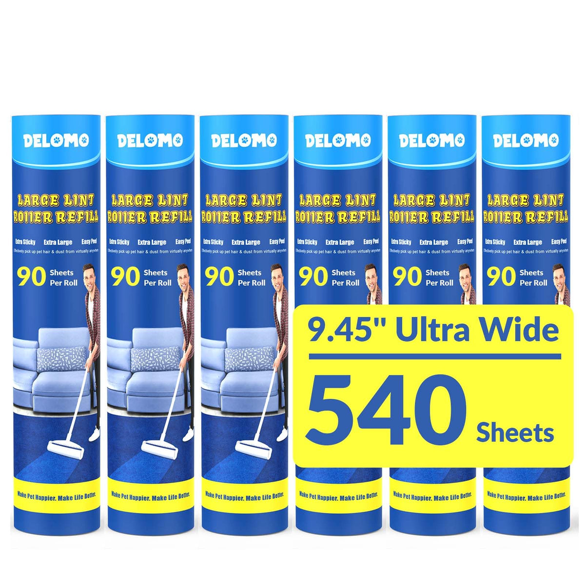 DELOMO Lint Roller for Pet Hair Extra Sticky, Mega Value Set of 600 Sheets