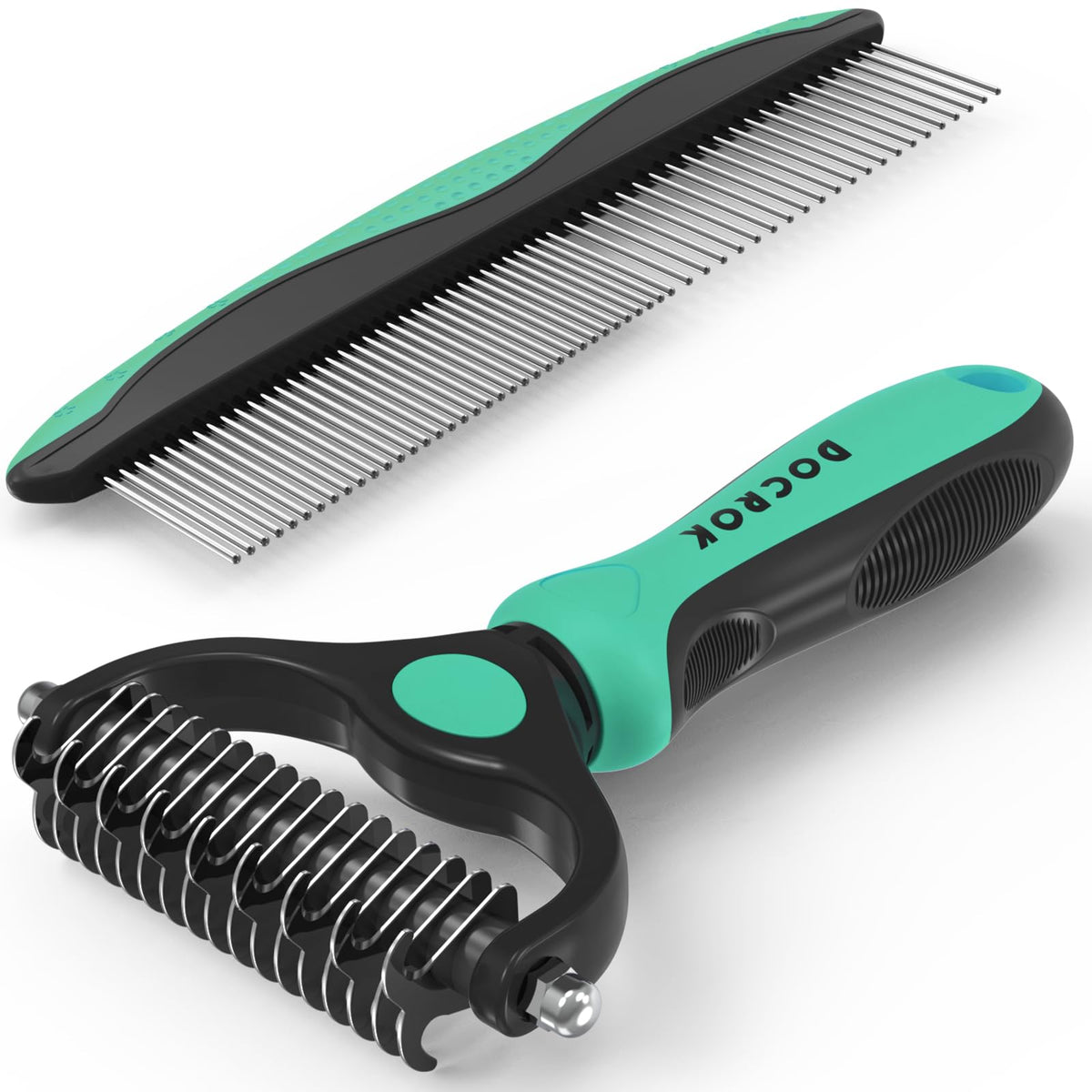 Docrok Pet Grooming Brush and Metal Comb Combo - Undercoat Rake for Dematting and Deshedding Long Matted Haired Dogs and Cats, Purple