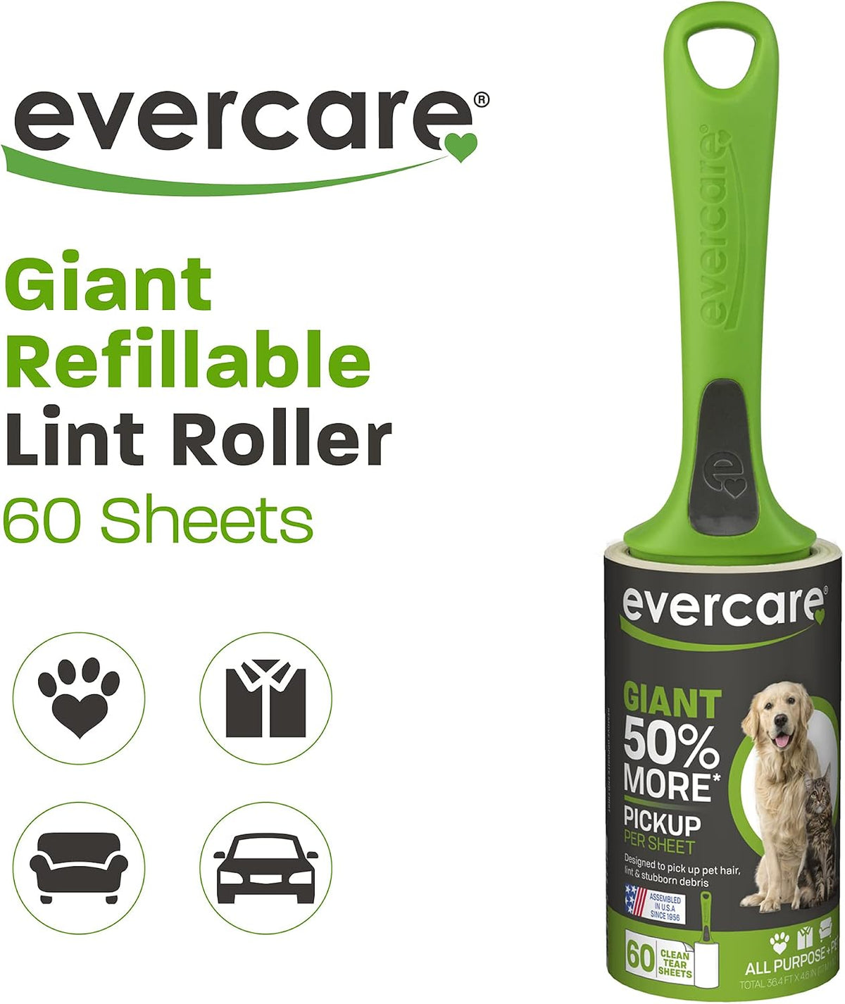 Evercare Lint Roller Pet Hair Remover Giant 60 Layers Per Roll, Green