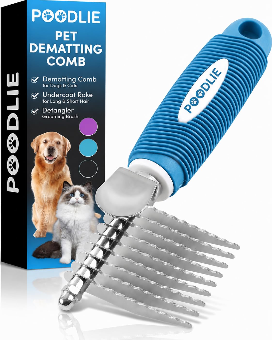 Poodle Grooming Comb - Metal Dematting Comb with Long & Short Stainless Steel Teeth for Removing Matted Hair & Knots, Safe and Gentle for Dogs & Cats (Green)