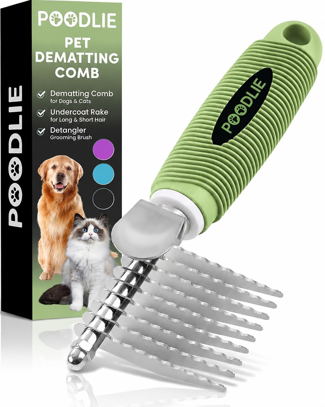 Poodle Dematting Fur Rake Comb Brush for Dogs and Cats - Long 2.5" Steel Safety Blades Metal Comb for Detangling Matted or Knotted Undercoat Hair