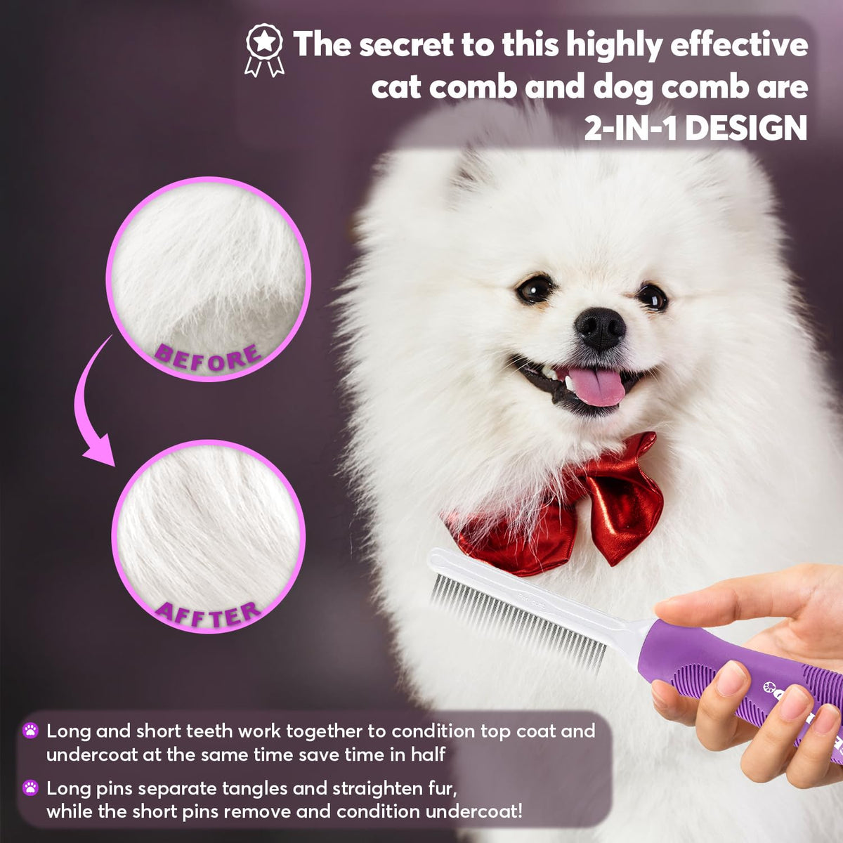 GENPEPADO Grooming Comb for Dogs and Cats with Matted Hair, Detangling Pet Comb with Long and Short Stainless Steel Metal Fine Teeth for Removing Mats, Tangles, Knots & Loose Fur from The Undercoat