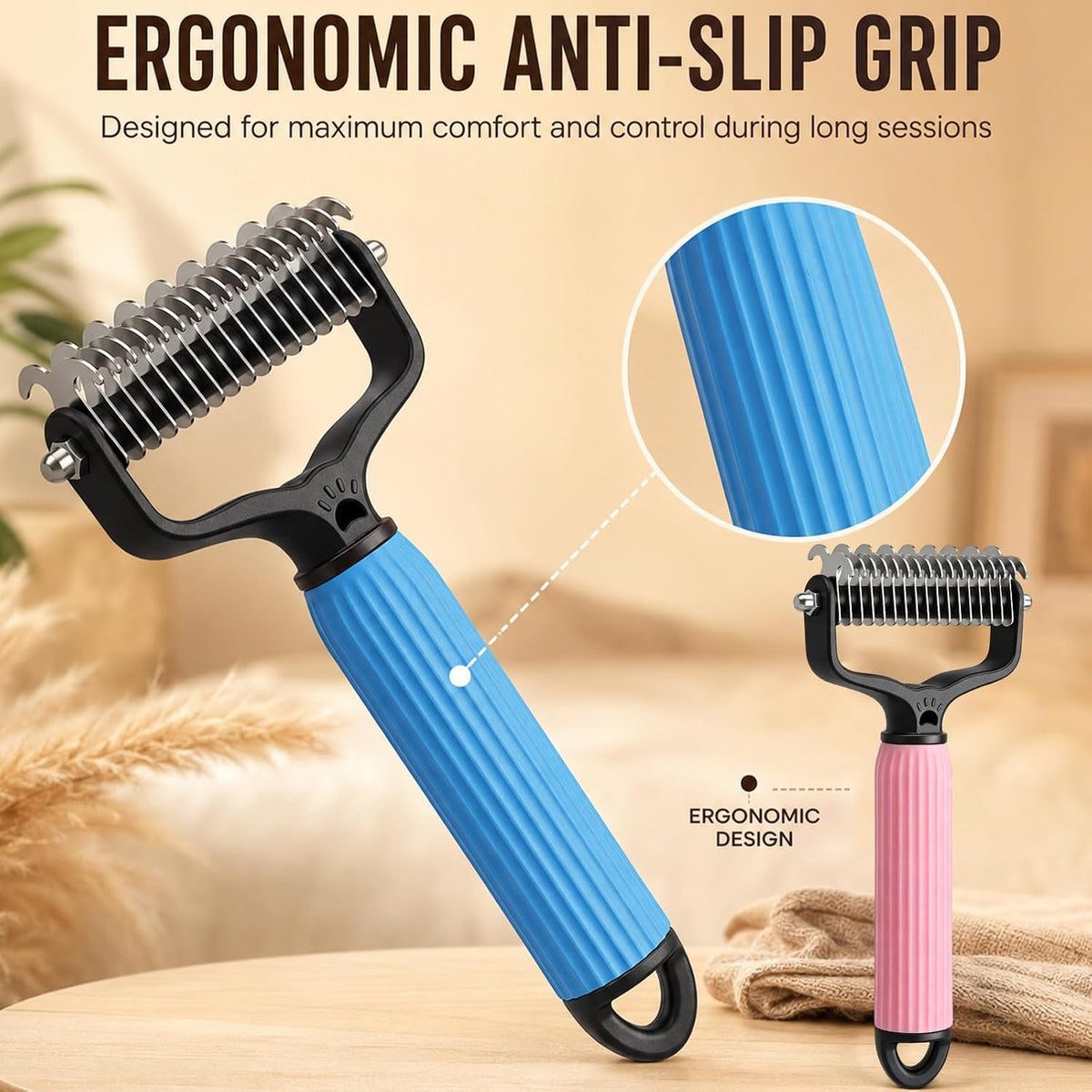 2 PcsPet Grooming Brush, Dematting Comb for Dogs and Cats, Double Sided Undercoat Rake – Undercoat Rake Pet Brush for Long Hair (Blue+Pink)