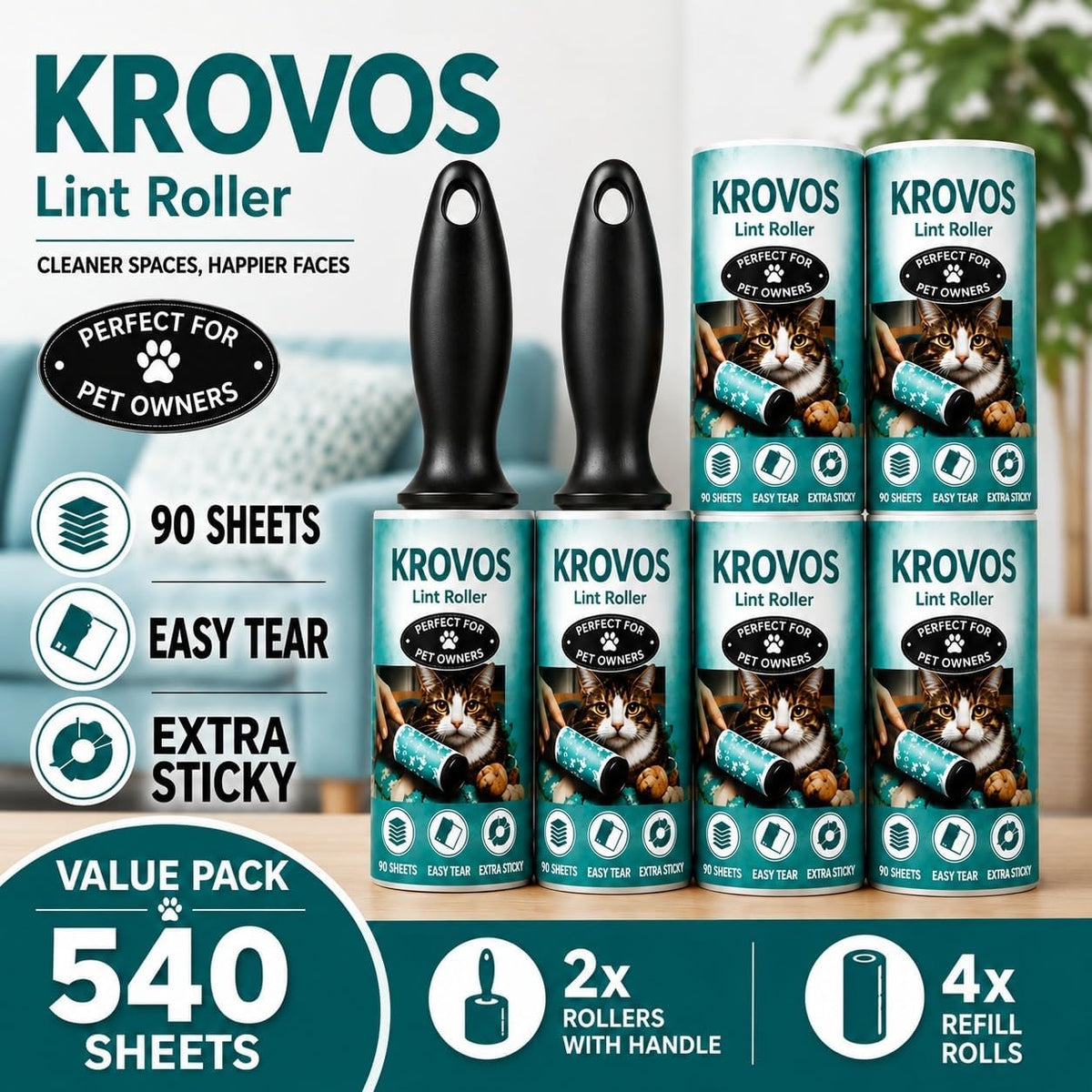 KROVOS Pet Hair Lint Roller Extra Sticky, 540 Sheets, Value Pack of 6 Rollers with 2 Handles, Easy Tear Sheets Lint Remover for Clothes, Furniture, Carpet, Dog Hair & Cat Hair