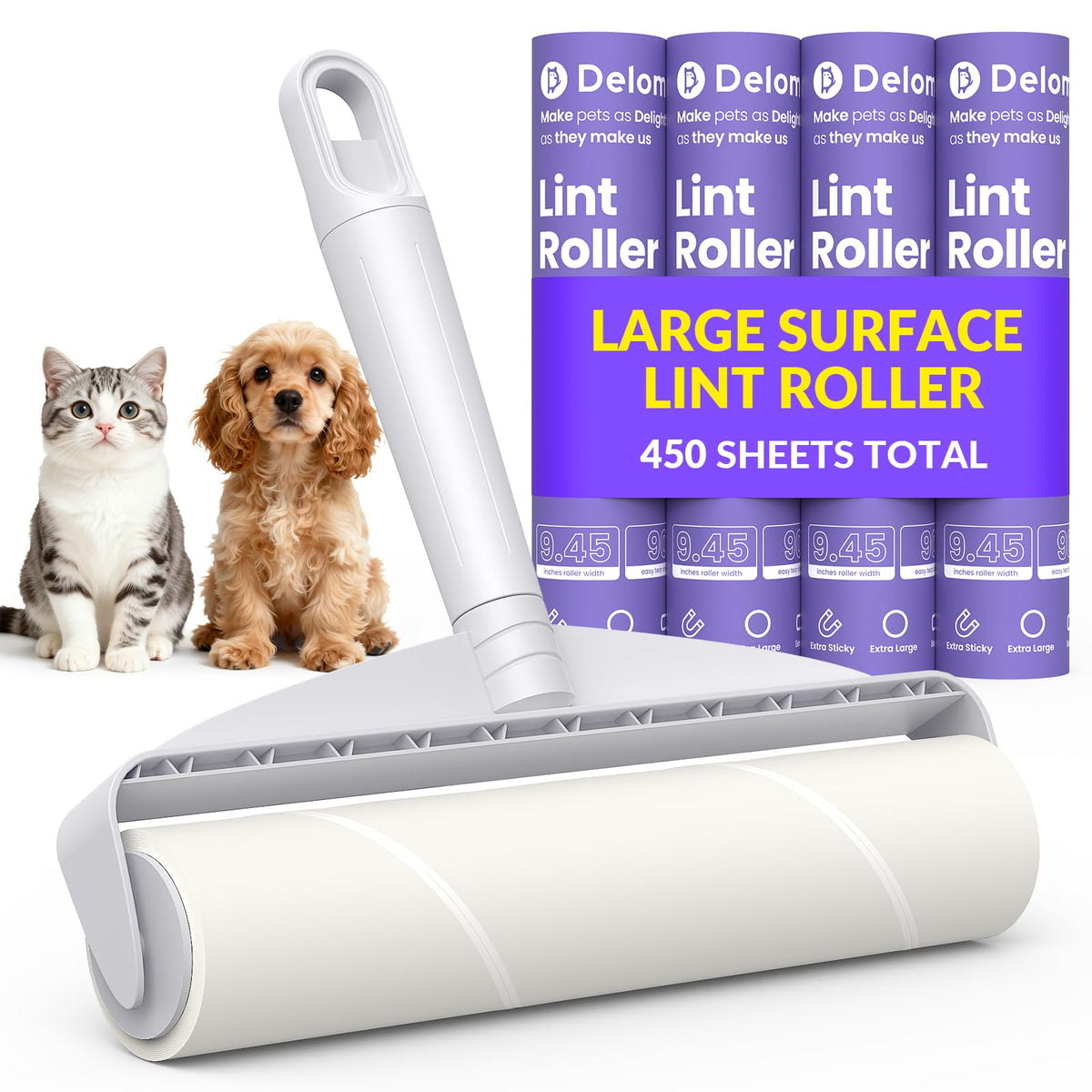 DELOMO Lint Roller for Pet Hair Extra Sticky, Mega Value Set of 600 Sheets