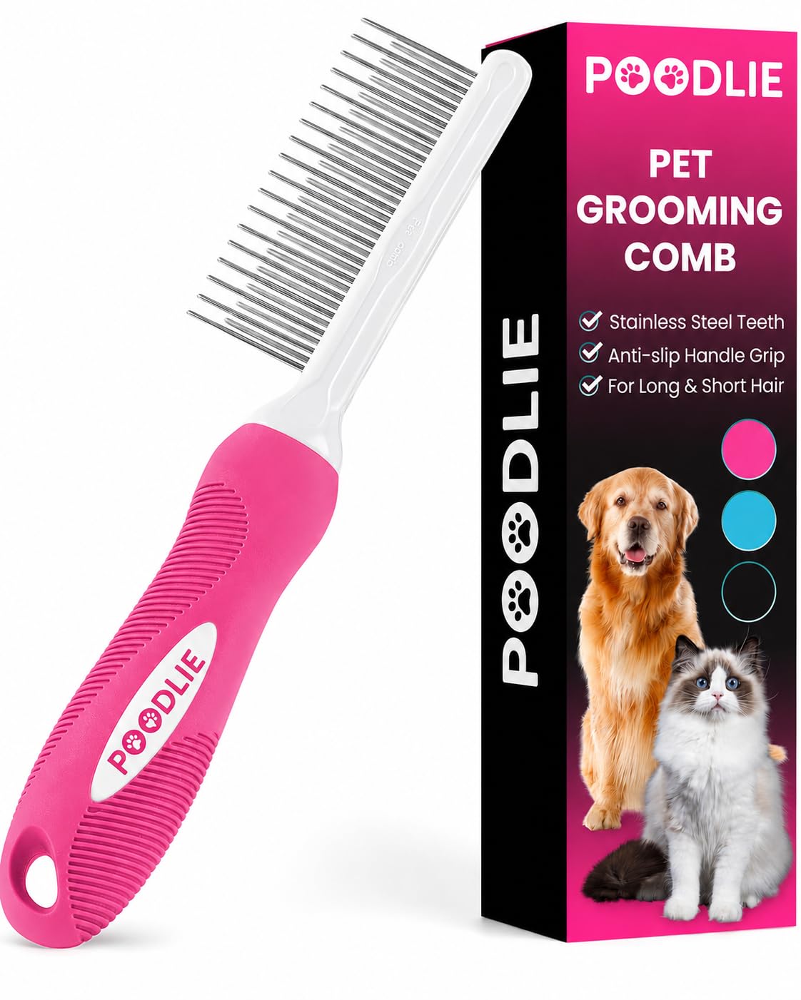 Poodle Dematting Fur Rake Comb Brush for Dogs and Cats - Long 2.5" Steel Safety Blades Metal Comb for Detangling Matted or Knotted Undercoat Hair