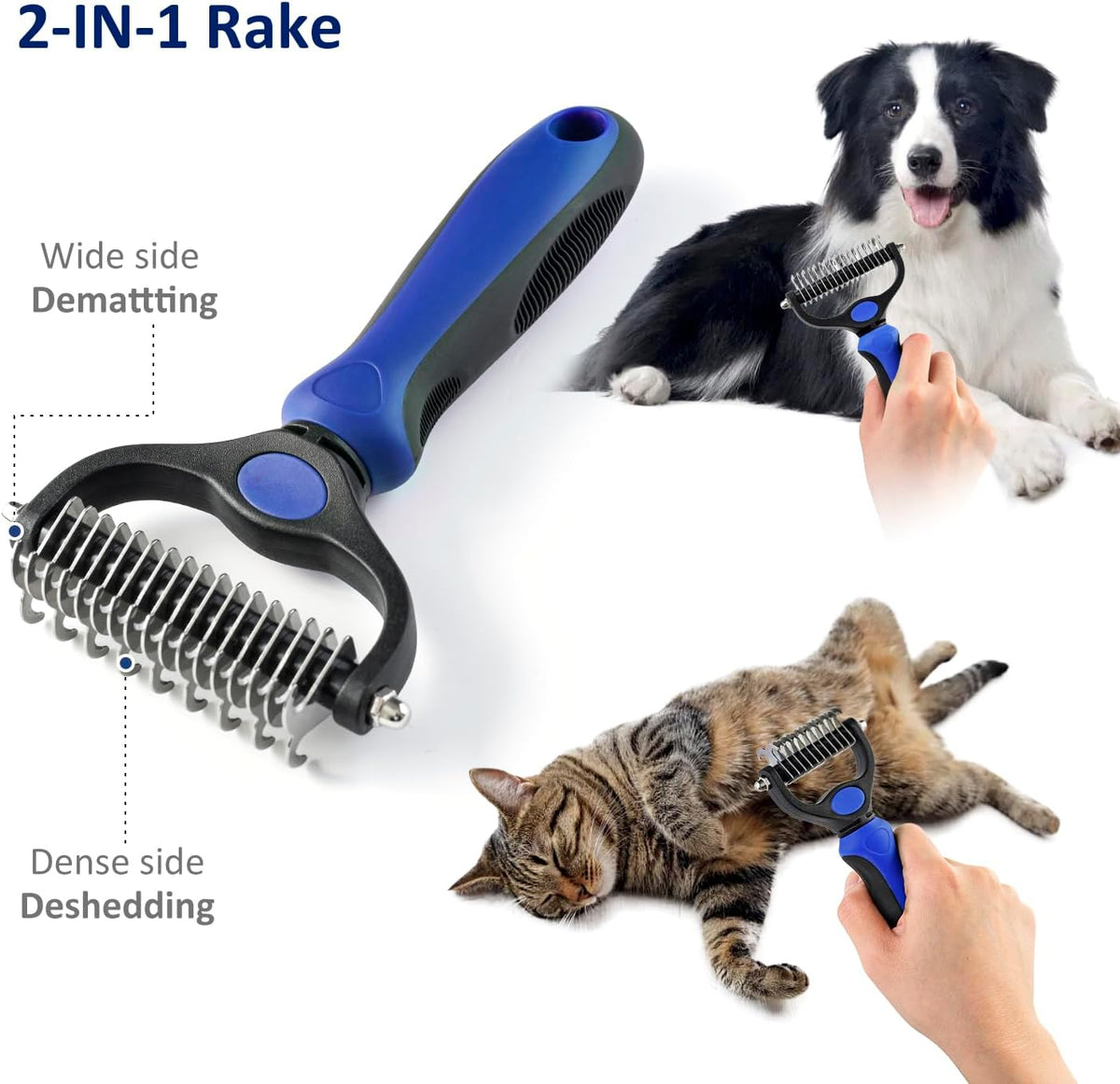 WePet Grooming Rake for Dogs & Cats, Double-Sided Deshedding Brush, Extra-Wide Dematting Tool, Slicker Comb for Undercoat & Loose Hair Removal, Reduces Shedding by 95%, Blue, Small