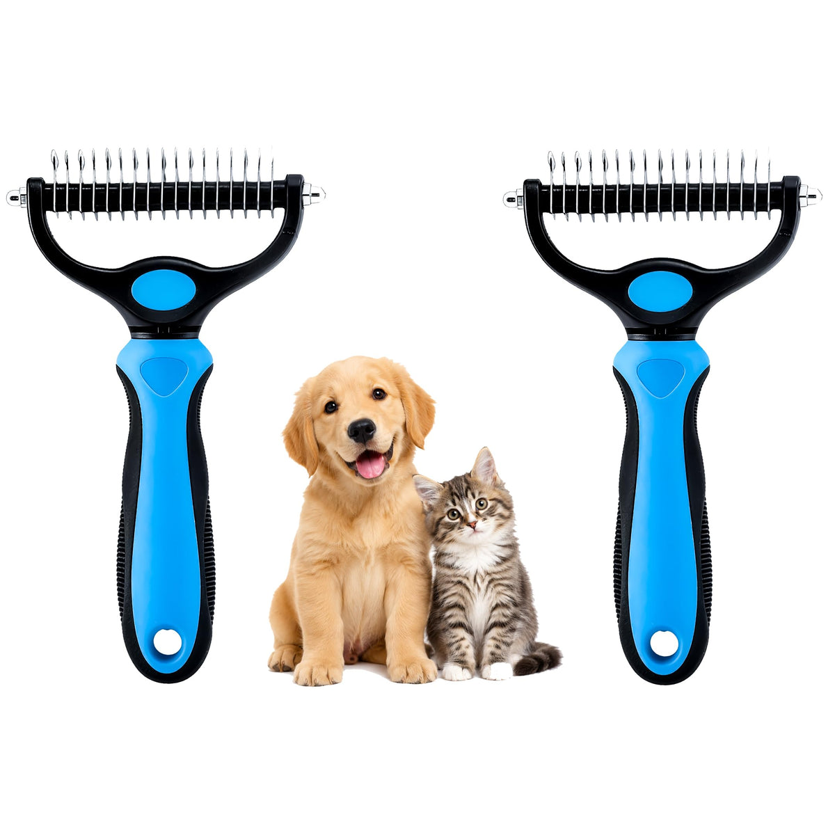 2-in-1 Double-Sided Pet Grooming Comb for Dogs & Cats - Deshedding Brush & Rounded-Tooth Dematting Tool | Painlessly Removes Knots, Tangles, Loose Undercoat & Fur in Thick/Long Coats (Blue-Large)