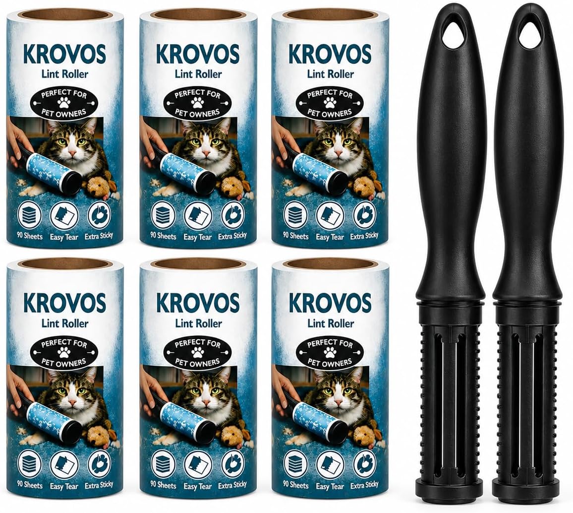 KROVOS Pet Hair Lint Roller Extra Sticky, 540 Sheets, Value Pack of 6 Rollers with 2 Handles, Easy Tear Sheets Lint Remover for Clothes, Furniture, Carpet, Dog Hair & Cat Hair