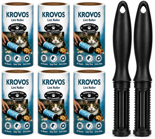 KROVOS Pet Hair Lint Roller Extra Sticky, 540 Sheets, Value Pack of 6 Rollers with 2 Handles, Easy Tear Sheets Lint Remover for Clothes, Furniture, Carpet, Dog Hair & Cat Hair
