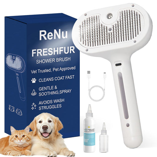 Pet Steam Brush for Cats & Dogs, Cool Mist Self-Cleaning Comb, White
