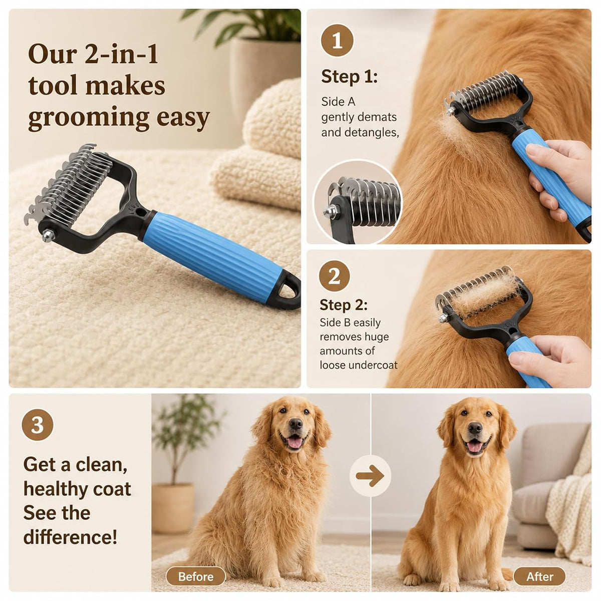2 PcsPet Grooming Brush, Dematting Comb for Dogs and Cats, Double Sided Undercoat Rake – Undercoat Rake Pet Brush for Long Hair (Blue+Pink)