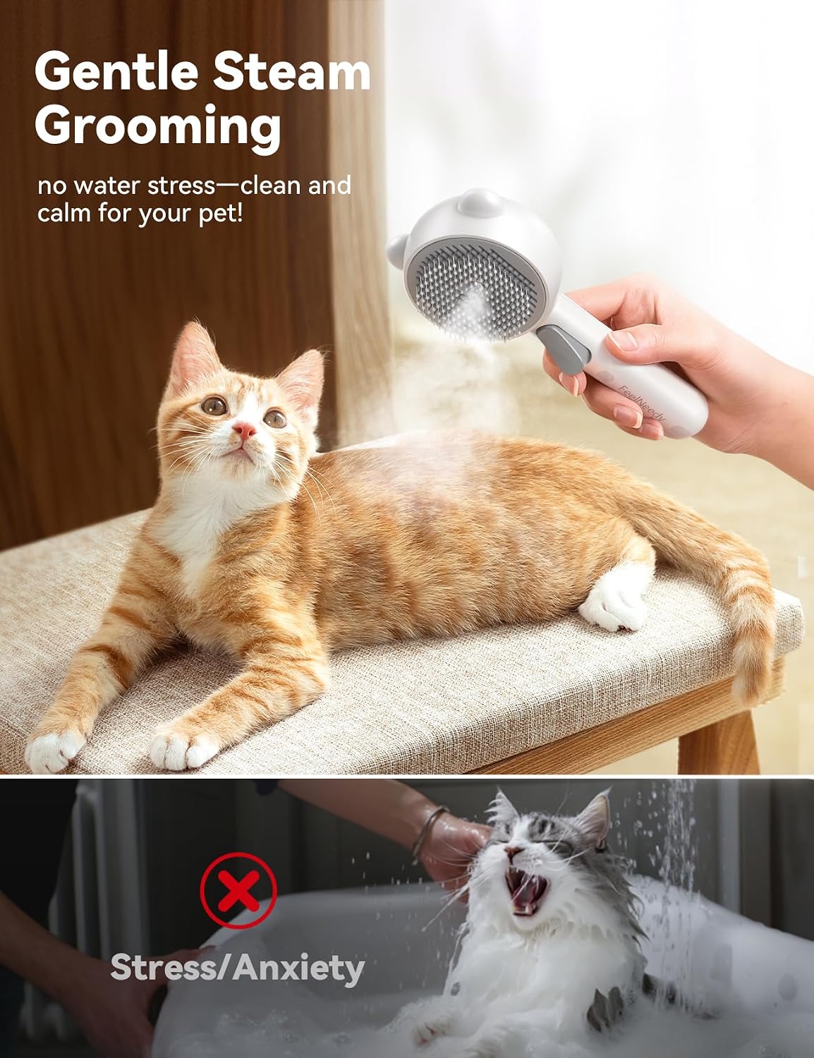 Cat Steam Brush, Brushes for Indoor Cats with Release Button, Undercoat Removal Grooming Supplies, Dual Spray USB Rechargeable, Cat Brush for Shedding for All Long-haired and Short-haired Pets