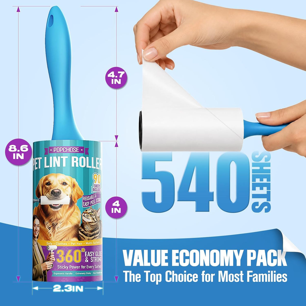POPCHOSE Lint Roller for Pet Hair Extra Sticky, 540 Sheets with 2 Handles